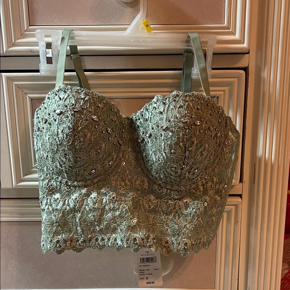 Embellished Sage Lace Bustier Top